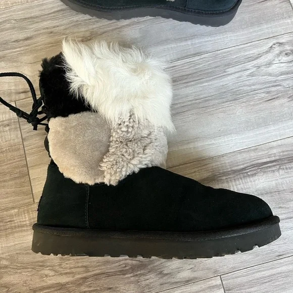Ugg Boots Patchwork fluff white beige black shoe 10 shearling - Picture 5 of 13